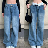 Mqtime Korean Letter Printed Loose Y2K Casual Jeans Women Spring New High Waist Flap Fashion All-match Wide Leg Pants