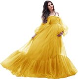 MQTIME  -  Puffy Sleeve Maternity Dress Tulle Robe With Underskirt for Photoshoot Off Shoulder Pregnancy Baby Shower Gown