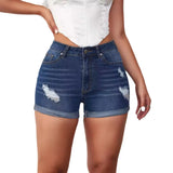 MQTIME  -  European and American Women's Clothing 2024 Summer New Fashionable Casual Distressed Denim Shorts with Rolled Edge Shorts