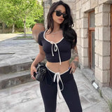 MQTIME  -  Women Summer Fashion Short-sleeved Tees+Long Pants Sets Female Crop Tops 2Pcs Sets Clothes Lace-up Sexy Slim T-shirts Pantsuit