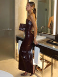 MQTIME  -  Hollow Out Cut Out Evening Leather Dress Sleeveless Backless Zipper Floor-length Bodycon Robe Back Split Zipper Party Dresses
