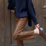 MQTIME  -  Fall Winter Women's PU Leather Pants Brown Wide Leg Straight Leg Trousers High Waist Drag Length Vegan Leather Pants
