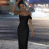  MQTIME  -  New Backless Side Pleated Solid Color Suspender Dress