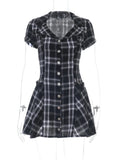 MQTIME  -  Gothic Dark Style Plaid Turn Down Collar Short Sleeve Single Breasted Vintage Ropa Mujer