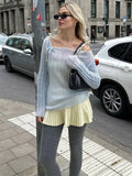 MQTIME  -  See Through Knitted Shirts For Women Slim Lace Up Off Should Long Sleeve T-shirts Ladies Bandage Knitwear Cover-up Woman