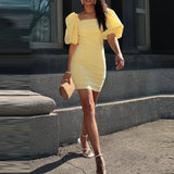 MQTIME  -  Summer Square Collar Evening Dress Elegant Lady Slim Wrap Hips Dress 2025 New Fashion Checkered Printed Puff Sleeve Short Dress