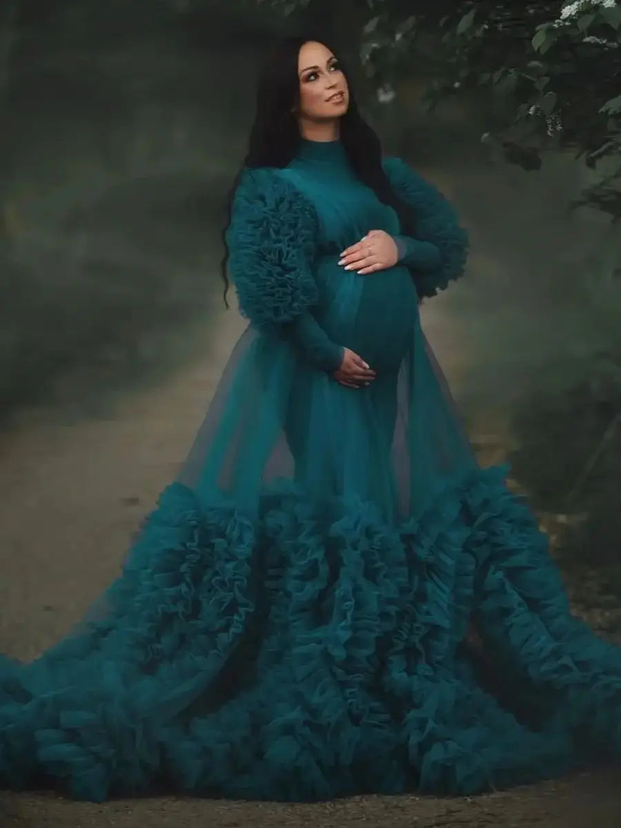 MQTIME - Lake Green Maternity Dresses for Photo Shoot Robe Puffy Mesh mqtime MQTIME - Lake Green Maternity Dresses for Photo Shoot Robe Puffy Mesh mqtime