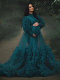 MQTIME  -  Lake Green Maternity Dresses for Photo Shoot Robe Puffy Mesh Tulle Kimono Pregnant Full Sleeves Custom Made Prom Dress With Belt