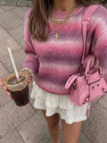 MQTIME  -  Womens Slouchy O Neck Knitted Sweater Soft Girl Barbiecore Y2K Aesthetic Long Sleeve Fluffy Knitwear Top Vibrant Fuchsia Pink Purple Ombre Gradient Space Dye Brushed Mohair Texture Drop Shoulder Baggy Silhouette Fo