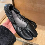 MQTIME  -  Womens Comfort Soft Leather Flat Single Shoes Spring Fresh Style Color Block Toe Separation Pig Hoof Knot Mary Janes