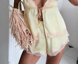 MQTIME  -  Women's Lace Patch Strap Shorts Set Backless Slim Shoulder Strap Top Y2k Elastic Waistband Shorts Suit Summer Vacation Sexy Wear