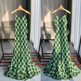 MQTIME  -  Vintage Green Plaid · French Light Luxury Diagonal Cut Silk Double Crepe Large Swing Fishtail Skirt Long Strap Dress