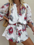 MQTIME  -  Elegant Women's  Flower Printed Shirt Jumpsuits Long Sleeve O-Neck Lady Jumpsuit With Belt Summer Female Street Outwear