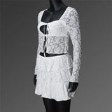 MQTIME  -  Women's Skirts Outfits Lace Low-Cut Tie-Up Front Long Sleeve Ruffles Crop Tops Mini Skirt 2 Pieces Clothes Dress Set Summer