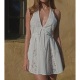 MQTIME  -  Summer Button Halter Deep V-Neck Mini Dress for Women Flower Embroidery Hollow Out Backless Ruffle A-line Short Dress