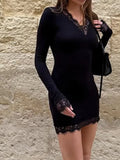 MQTIME  -  Women's Black Bodycon Mini Dress Lace Cutout Neck Long Sleeve Lace Trim Slim Fit Elegant Party Evening Casual Fashion Lady Dress