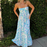 MQTIME  -  Women Casual Strapless Dress Summer Boho Floral Print Tie up Backless Long A-Line Dress for Party Beach Streetwear