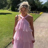 MQTIME  -  Women Ruffles Layered Dresses Summer Female Elegant Chiffon Backless Sleeveless Fluffy Long Dress Solid Color Lady Beach Robes