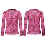  MQTIME  -  Women Shirts Flower Print Long Sleeve Ruched Button Down Slim Fit Blouse See Through Fashion Work Tops Streetwear