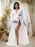  MQTIME  -  Maternity Photoshoot Outfit V-Neck Long-Sleeved Sexy Wrap Top Side-Slit Long Skirt Set Pregnant Woman For Baby Shower