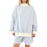  MQTIME  -  Women s Cozy Striped Lounge Set with Relaxed Fit Crew Neck Top and Matching Shorts - 2 Piece Casual Outfit for Stylish Comfort