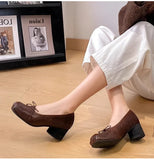 MQTIME  -  Fashion Square toe Bowknot Soft Leather Women Pumps Spring Summer Ballet Style Thick High heels Casual Chunky Loafer Shoes