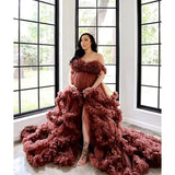 MQTIME  -  Split Flowy Maternity Photography Dress Women Tulle Ruffles Prom Gown Off the Shoulder Long Custom Made Robes