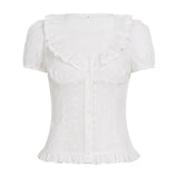 MQTIME  -  Basic Summer Solid U Neck Short Sleeve Single Breasted American College Girls Slim Top Female