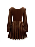 MQTIME  -  New Brown Gold Velvet Lace Elastic Cuffs Long Sleeve Casual Dress French Elegant Cocktail Luxury Party Dress Slim Pleated Skirt