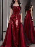 MQTIME  -  Wine Red Temperament Sling Wedding Party Dresses Slim Waist Sequin Patchwork Prom Vestidos Elegant Lace-up Long Eveni