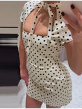 MQTIME  -  Retro Polka Dot Mini Dress Tie-neck Cutout Chic Bodycon Women Dresses Party Stylish Female Bold Casual Trendy Cute Night Wear
