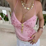 MQTIME  -  Summer Pink Sequin Bandage Crop Tops Women Sexy Halter Sleeveless Backless Cami Tanks Y2k Vintage High Street Tops 2025 New