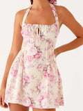 MQTIME  -  Women s Boho Floral Print Halter Neck Sleeveless Backless Mini Dress with Tie Front Detail and  Fit Silhouette