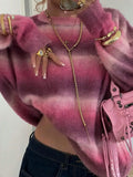 MQTIME  -  Womens Slouchy O Neck Knitted Sweater Soft Girl Barbiecore Y2K Aesthetic Long Sleeve Fluffy Knitwear Top Vibrant Fuchsia Pink Purple Ombre Gradient Space Dye Brushed Mohair Texture Drop Shoulder Baggy Silhouette Fo