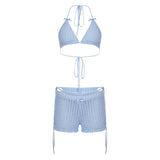 MQTIME  -  Women Solid Vacation Beach 2 Piece Set Lace Up Bra + Briefs + Shorts Summer Holiday Bikini Suits Night Clubwear Outfits