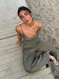 MQTIME  -  Women's 2 Piece Sets Solid V-neck Backless Sleeveless Sling Top Loose Elastic Waist Wide Leg Pants Female Summer Beach Outfits