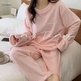 MQTIME  -   New Fall Winter Women Loungewear Fleece Stripe Pajama Set Girl Lady Round Neck Solid Color Homewear Soft Home Clothes Woman Teen