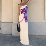 MQTIME  -  Spring Fashion Flower Print Women Long Dress Sexy Strapless Backless Hollow Evening Dress Summer Off Shoulder Holiday Maxi Dress