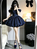 MQTIME  -  Elegant Princess Navy Blue Off Shoulder Puff Sleeve Corset Bow Bubble Hem Mini Dress Women For Banquet 18th Birthday Prom Party