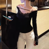 MQTIME  -  V-neck Strapless Lace Splicing Slim Long-sleeved T-shirt Women 2025 Spring New Korean Fashion All Match Black Tops