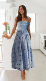 MQTIME  -  Strap Long Dress Summer Wrapped Embroidery Dress A-line Sunflower Design Ruffled Midi Length Vestidos Boho Robes