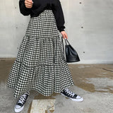 MQTIME  -  Maxi Gingham Skirt Women Ankle Length Cotton-linen Black & White Plaid Elastic Waist Tiered Pleated Long Skirt Ladies falds