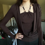 MQTIME  -  Y2K Grunge Solid Long Sleeve Fake Two T-shirts Vintage Fashion Beads Halter Pullover Tops 90s Women Basic Street T-shirt