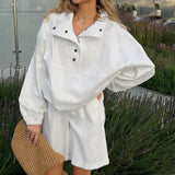 MQTIME  -  Spring/Summer Simple Lapel Lantern Sleeve Fashion Sweatshirt High-Waisted Shorts Sports Suit EU/US Commuting Women