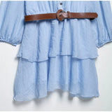 MQTIME  -  Cotton Ruffles Mini Dress Women Long Sleeve V-neck Elegant High Waist A-line Dresses Female 2025 Summer Button Up Street Robe