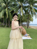 MQTIME  -  Casual Women's Pleated Cake Sundress Summer Vacation New Beige Sleeveless Temperament Elegant Round Neck Fashion Vest Dresses