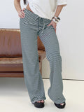 MQTIME  -  Ladies Striped Flare Trousers with Elastic Waistband Stylish Straight Leg Bell Bottom Pants for Casual Wear Long and