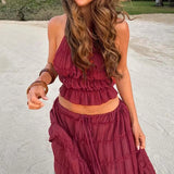 MQTIME  -  Sexy Backless Lace Up Beachwear Outfits Fashion Solid Color Sleeveless Tops & Pleated Skirts Suit New Elegant Loose Seaside Sets