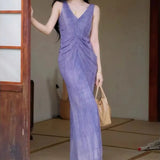 MQTIME  -  Chinese Style Purple Linen Blend Midi Slip Dress Women V Neck Sleeveless Front Twist Ruched Summer Slim Bag Hip Flowy Long Dress