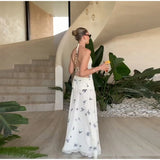  MQTIME  -  Elegant Elegant Butterfly Print  Sleeveless Long Dress Women Halter Backless Lace Up Slim A-line Dresses New Lady Party Robes